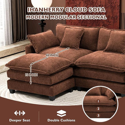 Ihanherry 111.4" L Shaped Modern Sofa Modular Sectional Luxurious and Comfortable with Ottoman, 4-Seat Chenille Deep Seat Sofa with Pillow for Living Room, Bedroom and Apartment, Brick Red