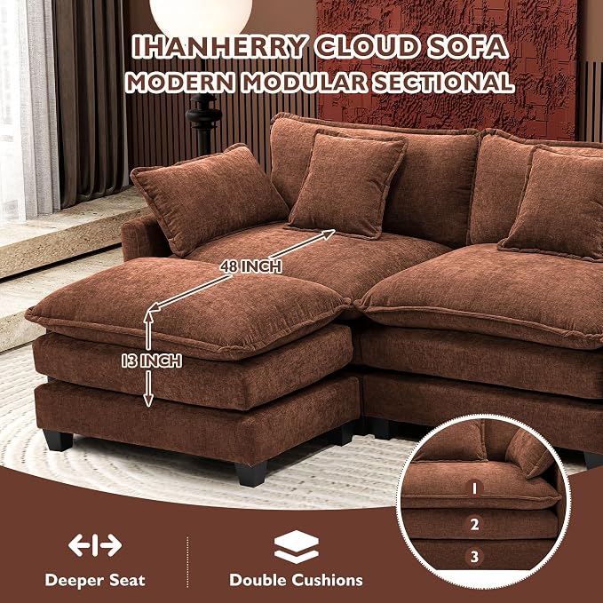 Ihanherry 77" L Shaped Modern Sofa Modular Sectional Luxurious and Comfortable with Ottoman, 3-Seat Chenille Deep Seat Sofa with Pillow for Living Room, Bedroom and Apartment,Brick Red
