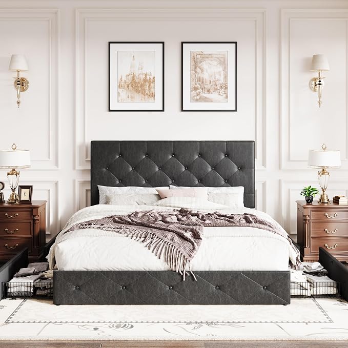 SHA CERLIN Upholstered Full Platform Storage Bed Frame with 4 Drawers, Adjustable Headboard with Faux Leather Diamond Button Tufted Design, Wooden Slat Support, No Box Spring Needed, Black