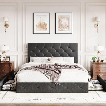 SHA CERLIN Upholstered Queen Platform Storage Bed Frame with 4 Drawers, Adjustable Headboard with Faux Leather Diamond Button Tufted Design, Wooden Slat Support, No Box Spring Needed, Black