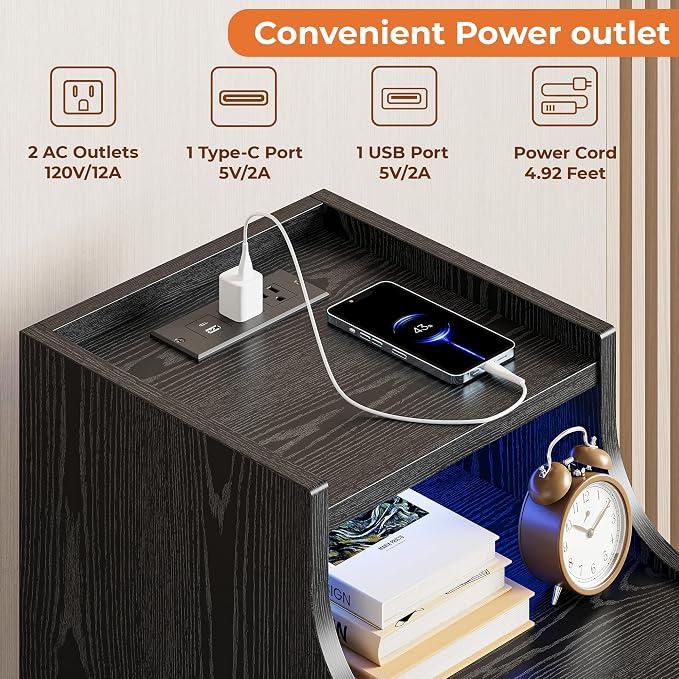 LIKIMIO Narrow Nightstand with Charging Station and LED Lights, Modern Night Stand, End Table with 3 Drawers, Open Shelf, Side Table for Living Room/Bedroom, Black