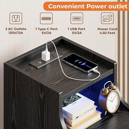 LIKIMIO Narrow Nightstand with Charging Station and LED Lights, Modern Night Stand, End Table with 3 Drawers, Open Shelf, Side Table for Living Room/Bedroom, Black