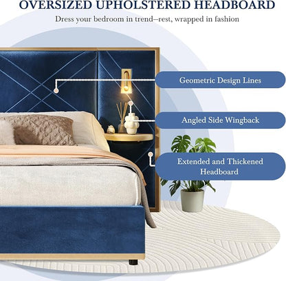 Merax Queen Bed Frame with Wingback Headboard, Luxury Velvet Upholstered Platform Bed Frame King Size with 2 Built-in Led Lights and 2 Floating Storage Shelves for Bedroom, No Box Spring Needed, Blue