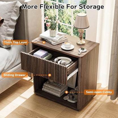 Modern Fluted Nightstand Set of 2 for Bedroom, Mid Century Bedside Table with Drawer & Open Shelf, Wood End Table, Farmhouse Night Stand for Home, Hallway, Office, Walnut