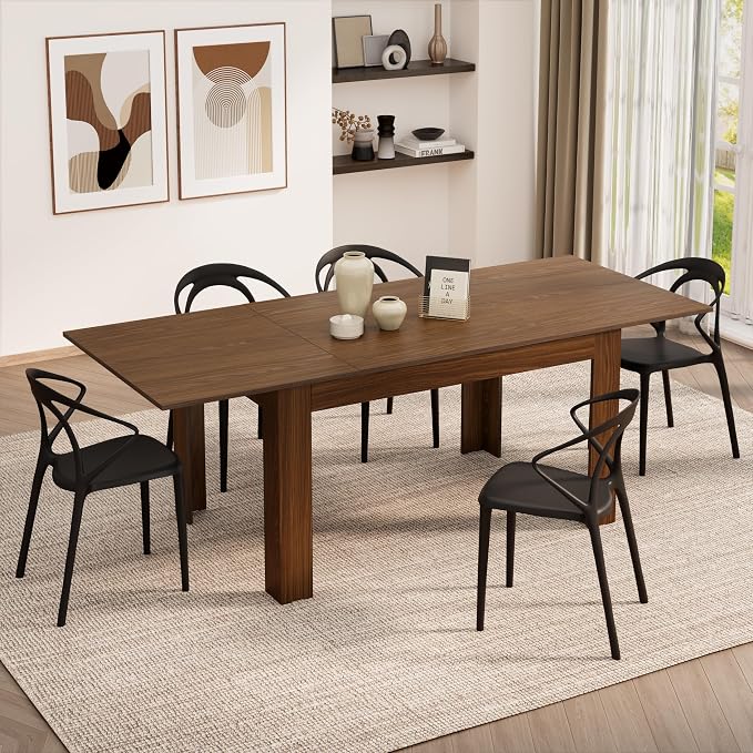 Mobili Fiver, Easy, Extendable Dining Table, 55.1(86.6) x35.4 in, Walnut, for 6-8 People, Expandable Dining Table for Kitchen, Italian Furniture