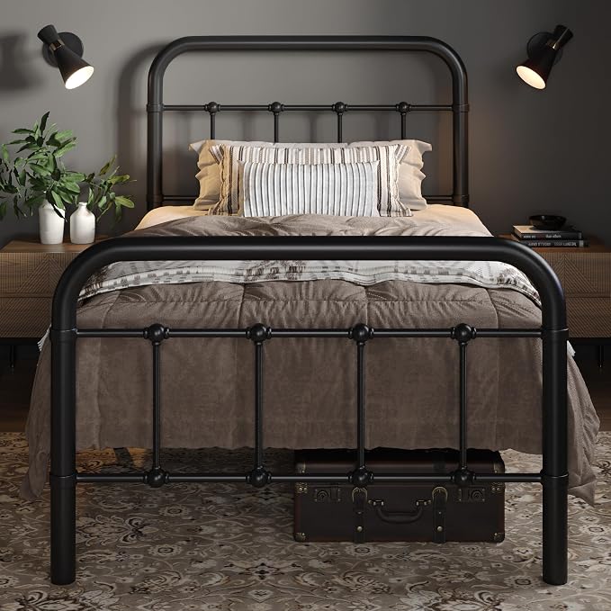 Allewie Twin Size Metal Platform Bed Frame with Victorian Style Wrought Iron-Art Headboard/Footboard, No Box Spring Required, Black