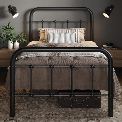 Allewie Twin Size Metal Platform Bed Frame with Victorian Style Wrought Iron-Art Headboard/Footboard, No Box Spring Required, Black