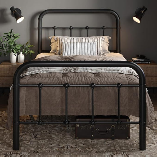Allewie Twin Size Metal Platform Bed Frame with Victorian Style Wrought Iron-Art Headboard/Footboard, No Box Spring Required, Black