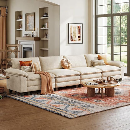 LINSY HOME 157'' Modular Sectional Sofa 4 Seat Couch Corduroy Cloud Couch with Deep Seat, Modern Cloud Couch for Living Room, Office, Bedroom, Beige