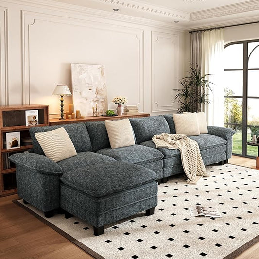 PHI VILLA Cloud Modular Couch Sets, 157.5" Oversized Sectional Sofa with L-Shaped Chaise, 5-Seater Upholstered Couches with Movable Ottoman for Living Room, Chenille Dark Cyan