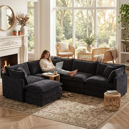 Oversized Modular Sectional Cloud Sofa: 114" V-Shaped Modular Cloud Couch, 5 Seater Comfy Couch with Ottomans and Pillows, Chenille Deep Seat Couch for Living Room,Bedroom,Apartment,Large Space, Black