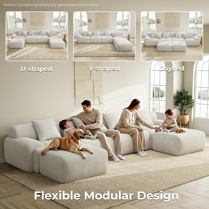 LIKIMIO LumiCord 153.5" Tufted Modular Sectional Sofa, Modern U-Shaped Boneless Couch for Living Room, 26.8" Deep Seat, 18.1" High Seating, 15" Wide Armrest, Corduroy, Oatmeal Beige