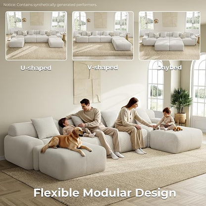 LIKIMIO LumiCord 153.5" Tufted Modular Sectional Sofa, Modern U-Shaped Boneless Couch for Living Room, 26.8" Deep Seat, 18.1" High Seating, 15" Wide Armrest, Corduroy, Oatmeal Beige