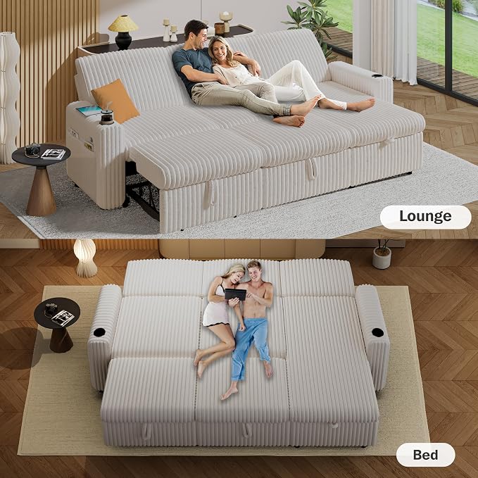 Sunny Heart 101" Plush Corduroy L Shaped Sectional Sleeper Sofa Bed with Pull Out Bed, Reclining Backrest, Reversible Storage Chaise, USB Ports, Cup Holders, Tool Free Assembly, Beige