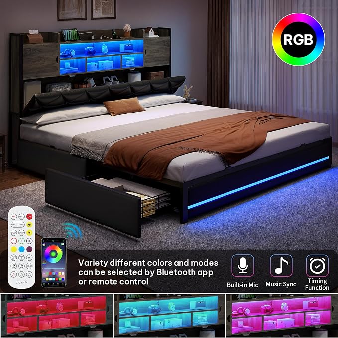 DWVO King Size Bed Frame with RGB LED Lights & Storage Bookcase Headboard, Upholstered Bed with Charging Station and 4 Drawers, No Box Spring Needed, Easy Assembly, Noise-Free, PU Leather Black