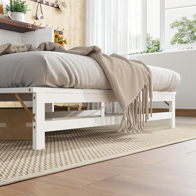 PVWIIK Full Murphy Bed with Storage Drawer,Solid Pine Murphy Foldable Bedframe for Home Office, Studio or Guest Room,Multi-Functional Cabinet Bed Frame,White-Walnut