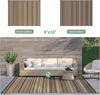 GENIMO Outdoor Rug for Patio Clearance, 8'x10' Reversible Plastic Straw Rugs, Lightweight Waterproof RV Camping Mat for Camper, Balcony, Deck, Backyard, Picnic, BlackBrown