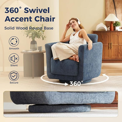Swivel Accent Chair, 360° Barrel Armchair with Solid Wood Frame & Ergonomic Back Cushion, Fully Assembled Chenille Swivel Chair for Living Room, Bedroom, Office, Blueberry Blue