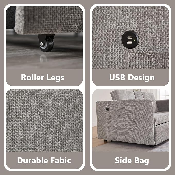 57.48" Convertible Sofa Bed with Cup Holder, Pull Out Sleeper Sofa Bed with USB Charging Ports, 3 in 1 Convertible Sleeper Sofa Bed for Living Room, Apartment, Bedroom, RV, Grey