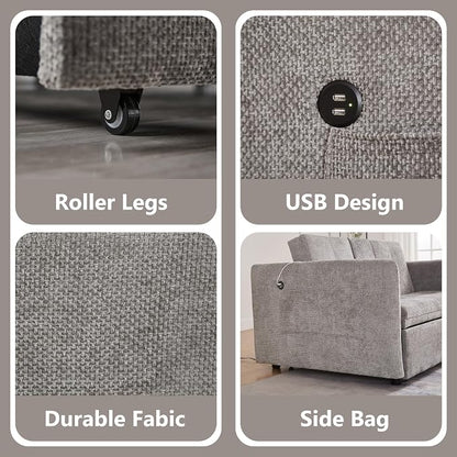 57.48" Convertible Sofa Bed with Cup Holder, Pull Out Sleeper Sofa Bed with USB Charging Ports, 3 in 1 Convertible Sleeper Sofa Bed for Living Room, Apartment, Bedroom, RV, Grey