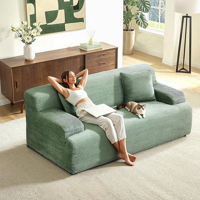 VINGLI 72" W Boneless Loveseat Sofa, Cloud Corduroy Couch in a Box, Compressed Deep Seat Sofa with 10.6" Wide Curved Armrests, Easy Assembly Required for Living Room, Apartments & Office, Green