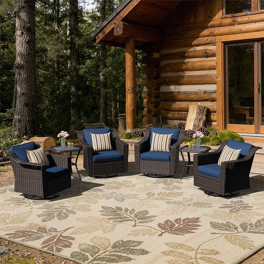 6 Pieces Patio Conversation Furniture Set - 4 Swivel Chairs, 2 Side Tables, Outdoor Wicker Furniture with Removable Cushions for Porch, Sunroom (Blue)