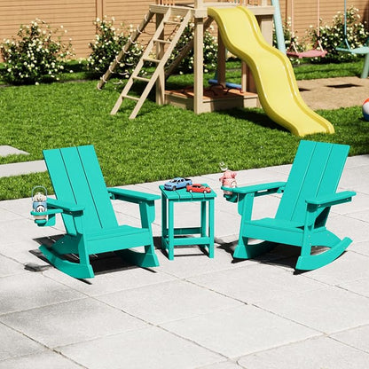 Costaelm Palms 3-Piece Kids Table and Chairs Set with Modern Toddler Rocking Chairs and Cup Holders, Turquoise