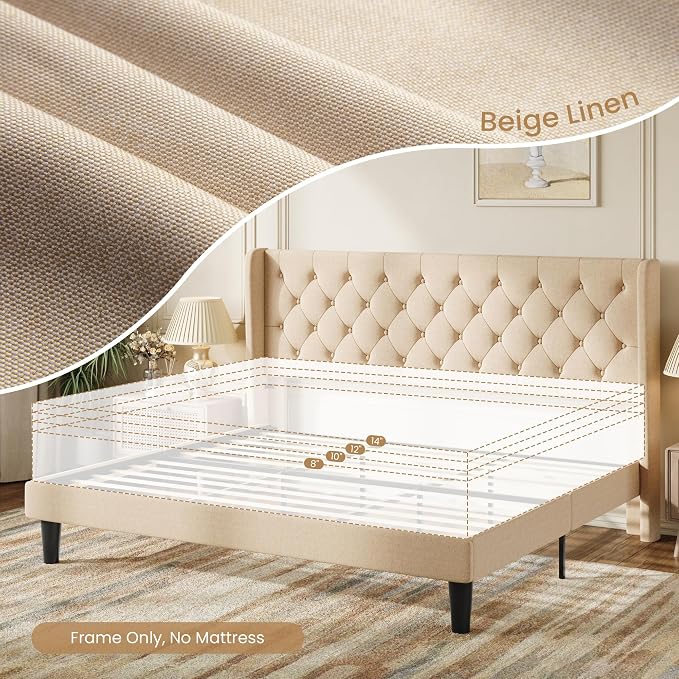 SHA CERLIN King Size Platform Bed Frame with Upholstered Headboard and Wingback, Button Tufted Design, Easy Assembly, No Box Spring Needed, Beige