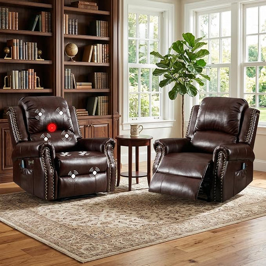 HAOMARKETS Classic Power Recliner Chair Set of 2 with Massage and Heat, Breathable Faux Leather Electric Recliner with USB Port, Overstuffed Reclining Sofa with Rivets for Living Room, Caramel Brown