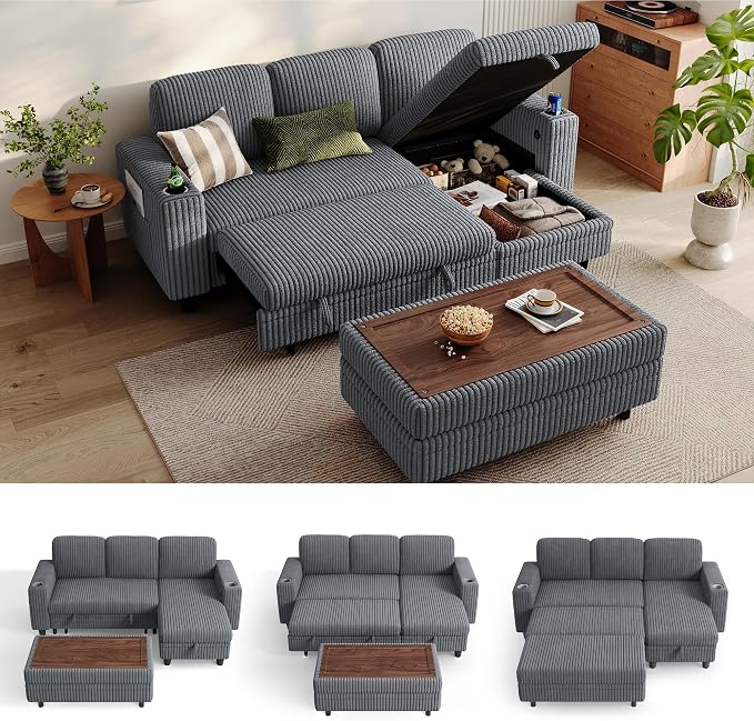 LINSY HOME Sectional Sleeper Sofa with Pull Out Couch Bed for Living Room (Grey) | Plush Corduroy