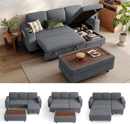 LINSY HOME Sectional Sleeper Sofa with Pull Out Couch Bed for Living Room (Grey) | Plush Corduroy