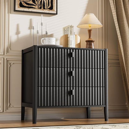 Furniway Nightstand Set of 2, Modern End Table with Solid Wood Legs, Bedside Table with 3 Drawers and Metal Handles for Bedroom, Black