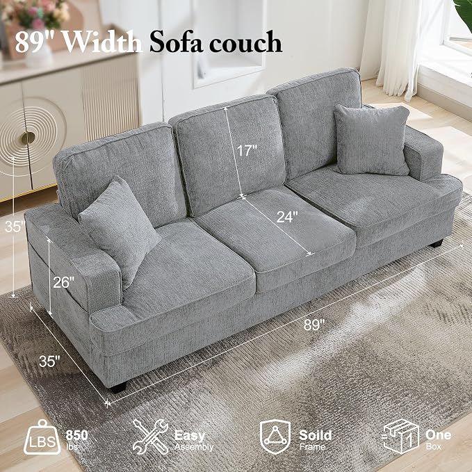 Korser 89" Couches for Living Room with Deep Seats, 3 Seater Sofa Couch, Mid Century Modern Chenille Sofa with Armrests, Upholstered Comfy Sofas for Living Room, Bedroom, Apartment, Office (Pewter)