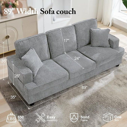 Korser 89" Couches for Living Room with Deep Seats, 3 Seater Sofa Couch, Mid Century Modern Chenille Sofa with Armrests, Upholstered Comfy Sofas for Living Room, Bedroom, Apartment, Office (Pewter)