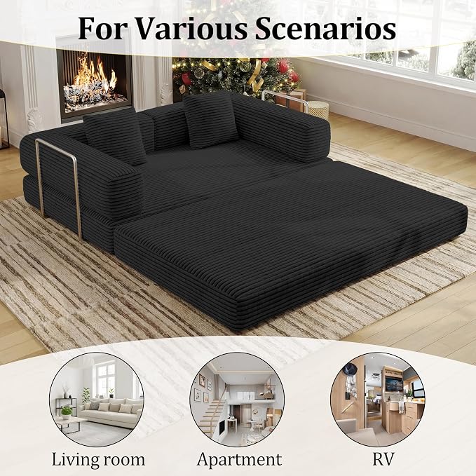 BSHOMGI Convertible Sofas Boneless Couches with 2 Pillow, Modern Corduroy Futon Bed, Modular Queen Sofa with Pull-Out Bed, LoveSeat for Living Room, Small Space Apartment BlackDouble Sofa