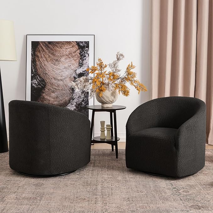 KINWELL 32" Wide Modern Boucle Swivel Barrel Chairs Set of 2, No Assembly Round Upholstered Swivel Accent Armchairs for Living Room, Bedroom (Black)