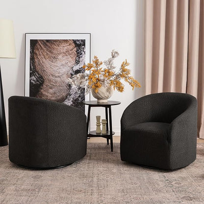 KINWELL 32" Wide Modern Boucle Swivel Barrel Chairs Set of 2, No Assembly Round Upholstered Swivel Accent Armchairs for Living Room, Bedroom (Black)