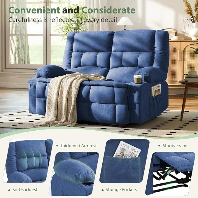 Loveseat Recliner Sofa, Wall Hugger Reclining Loveseat with Cup Holders & Storage Pockets, 150° Adjustable RV Couch, Traditional 2-Seat Reclining Couch for Living Room, RV, Home Theater, Blue
