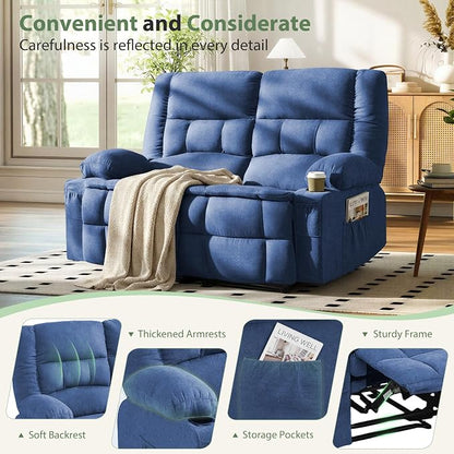 Loveseat Recliner Sofa, Wall Hugger Reclining Loveseat with Cup Holders & Storage Pockets, 150° Adjustable RV Couch, Traditional 2-Seat Reclining Couch for Living Room, RV, Home Theater, Blue