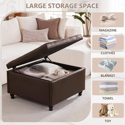 Weture 30 Inch Large Square Storage Ottoman Coffee Table, Oversized Square Ottoman with Storage, Tufted Upholstered Coffee Tables for Living Room (Leather, Brown)