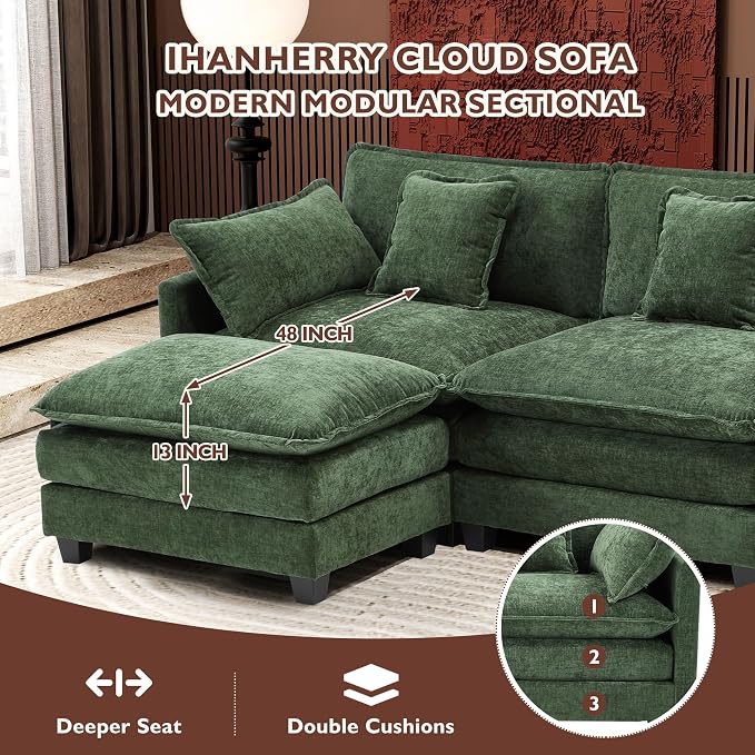 Ihanherry 111.4" U Shaped Modern Sofa Modular Sectional Cloud Couch with 2 Ottoman, 5-Seat Chenille Deep Seat Sofa with Pillow for Living Room, Bedroom and Apartment, Green