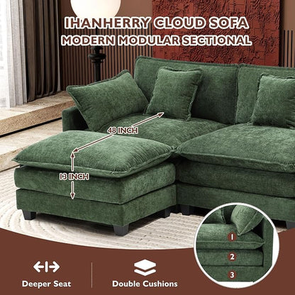 Ihanherry 111.4" L Shaped Modern Sofa Modular Sectional Cloud Couch with Ottoman, 4-Seat Chenille Deep Seat Sofa with Pillow for Living Room, Bedroom and Apartment, Green