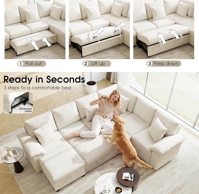 107.8" Modular Sectional Sleeper Sofa with Pull Out Bed, U Shaped 7 Seat Couch with 221L Storage, Convertible Cloud Couch Bed with Ottoman, Sectional Couches for Living Room, Apartment (Beige)