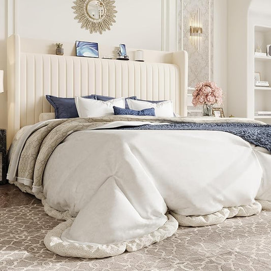 SHA CERLIN King Size Velvet Bed Frame with USB Charging Station, Wingback Storage Headboard, Upholstered Platform Bed with Wooden Slats Support, No Box Spring Needed, Easy Assembly, Cream White