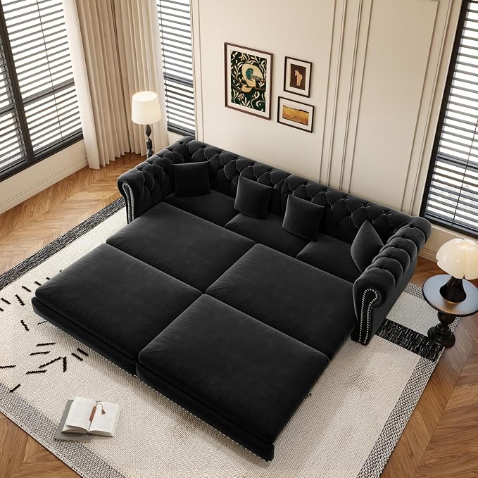 89'' Pull Out Sofa Bed King, Chesterfield Velvet Sleeper Sofa, Convertible L-Shaped Futon Couch, Tufted Back, 4 Pillows, Ottoman, Deep Seat Loveseat Couches for Apartment, Living Room, Black