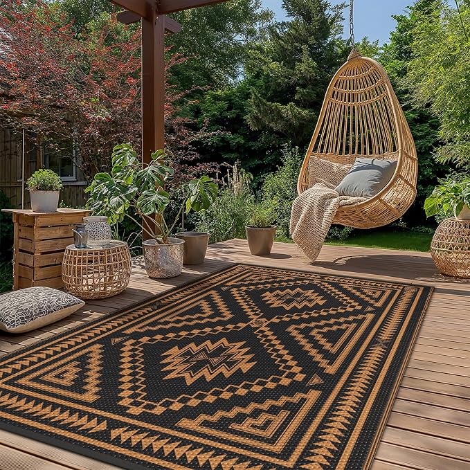 GENIMO Outdoor Rug for Patio Clearance - 5x8 ft Waterproof Plastic Camping Rugs, Reversible Outside Rv Mat Carpet for Porch, Deck, Picnic, Balcony, Beach, Backyard, Black Orange