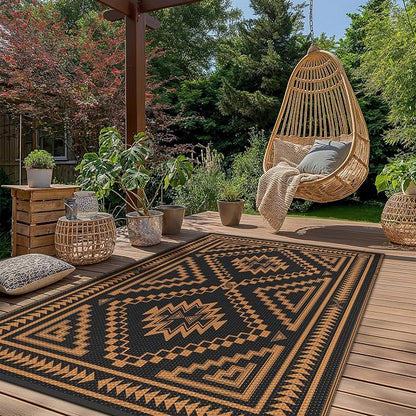 GENIMO Outdoor Rug for Patio Clearance - 5x8 ft Waterproof Plastic Camping Rugs, Reversible Outside Rv Mat Carpet for Porch, Deck, Picnic, Balcony, Beach, Backyard, Black Orange