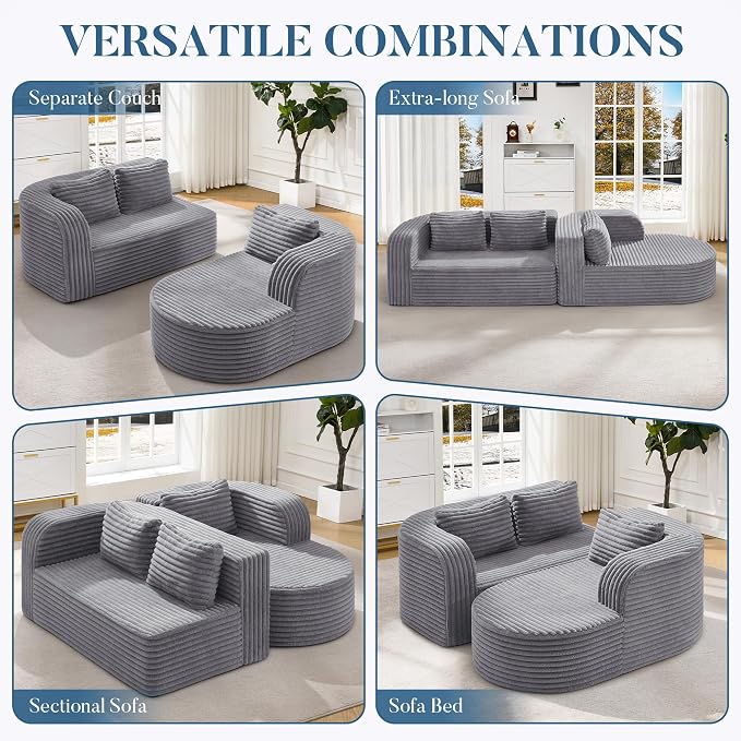 Hobestluk Modular Sectional Sofa Couches L-Shape Couch 3 Seat Modular Sofa Memory Foam Sectional Couches for Living Room, Cloud Couch (Round Lightgrey, 96", Right Hand Facing)