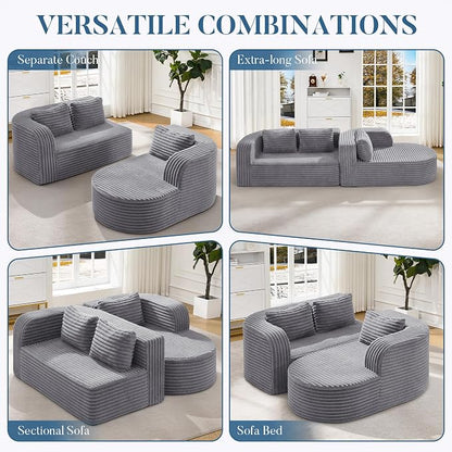 Hobestluk Modular Sectional Sofa Couches L-Shape Couch 3 Seat Modular Sofa Memory Foam Sectional Couches for Living Room, Cloud Couch (Round Lightgrey, 96", Right Hand Facing)