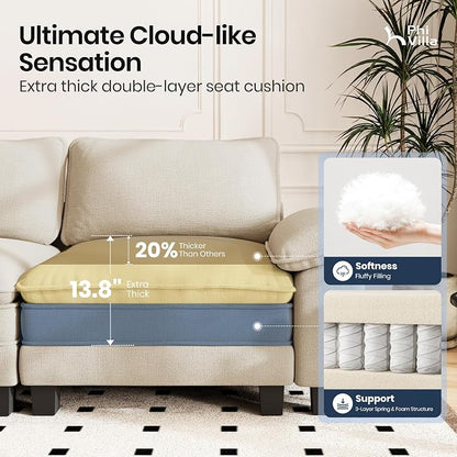 PHI VILLA Cloud Modular Couch Sets, 123.6" Sectional Sofa with L-Shaped Chaise, 4-Seater Upholstered Couches with Movable Ottoman for Living Room, Chenille Fabric, Beige